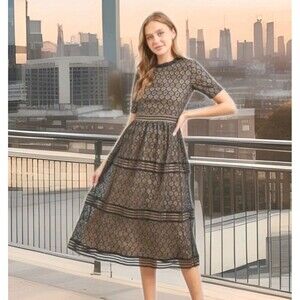 Baltic Born Windsor Lace Midi Dress Black/nude LBD Size M Medium Modest